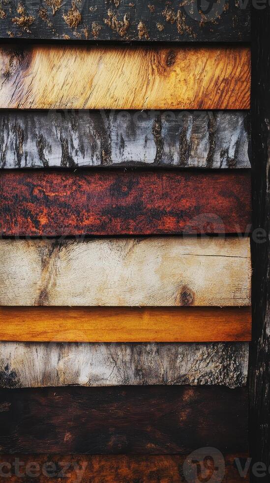 Stacked weathered wood planks displaying various colors and textures photo
