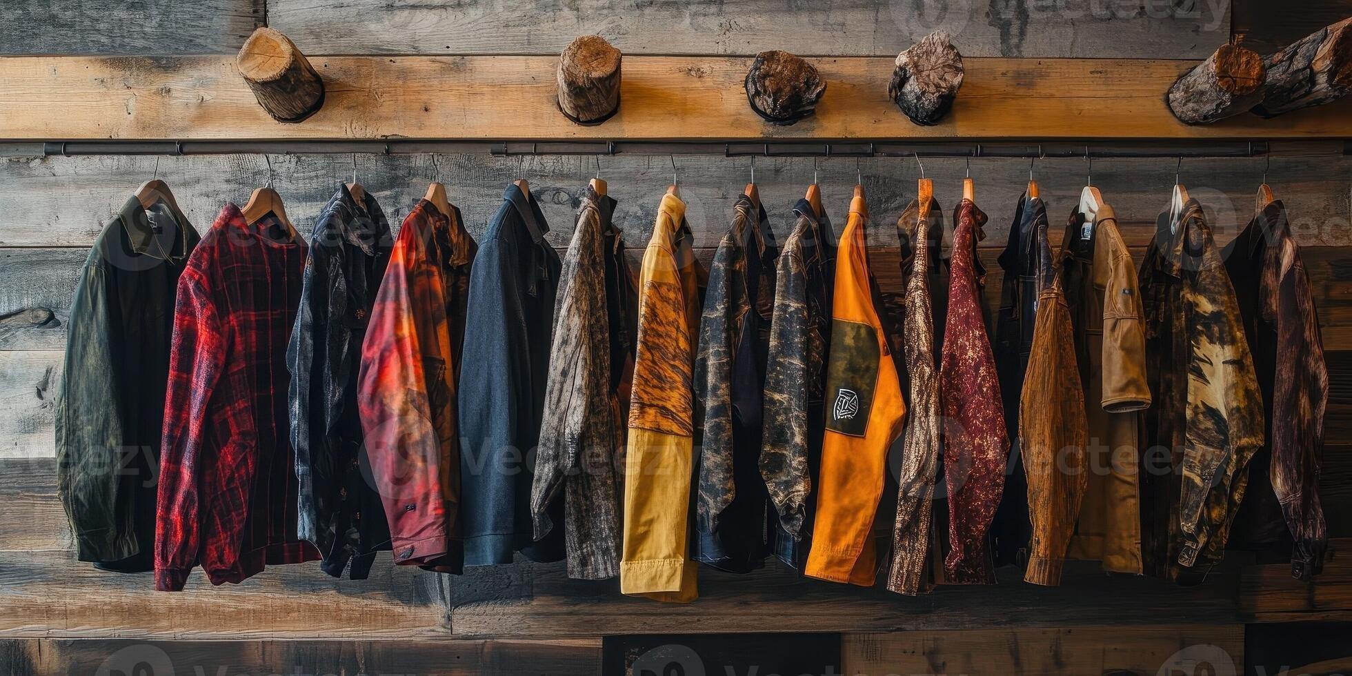 Various colored jackets hanging on wooden hangers with wooden decor photo