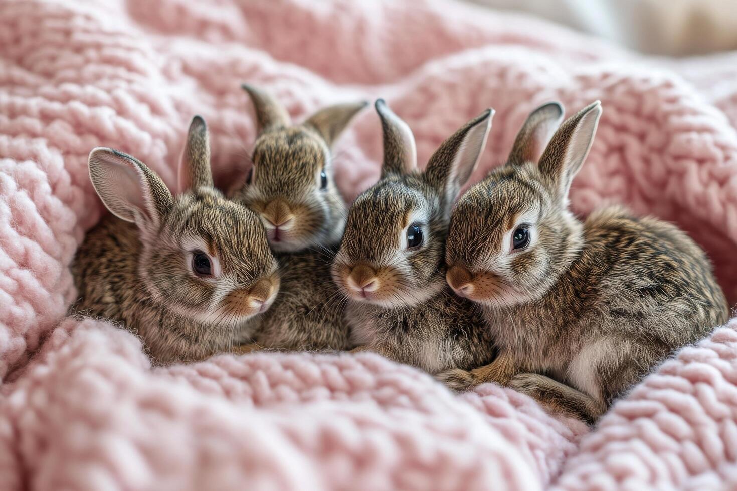 Four baby rabbits are sitting on a pink blanket photo