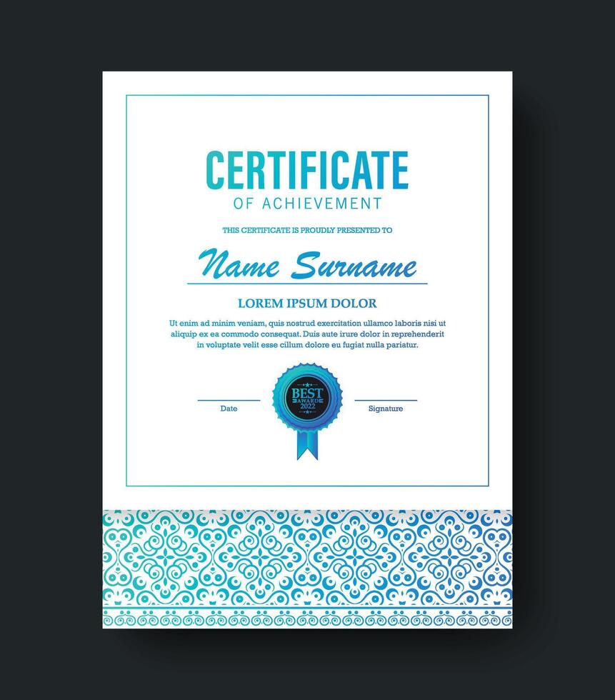 Blue achievement certificate best award diploma design template vector