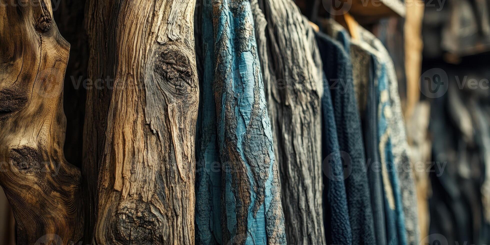 Knitted garments hang on a rack resembling weathered tree trunks photo