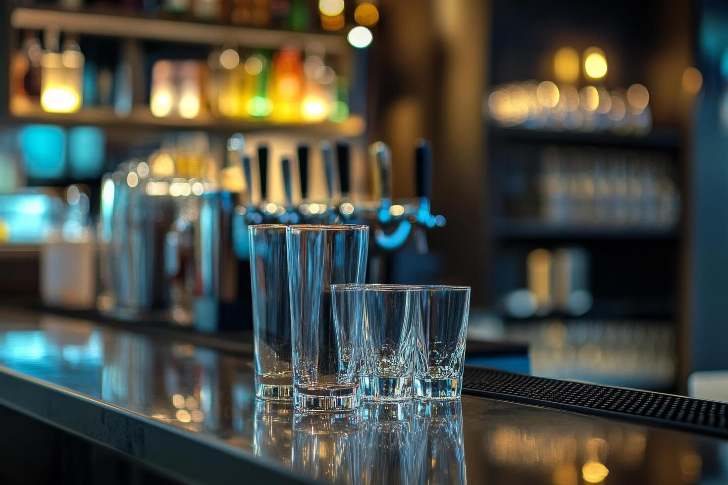 A bar with several glasses and a bottle of liquor photo