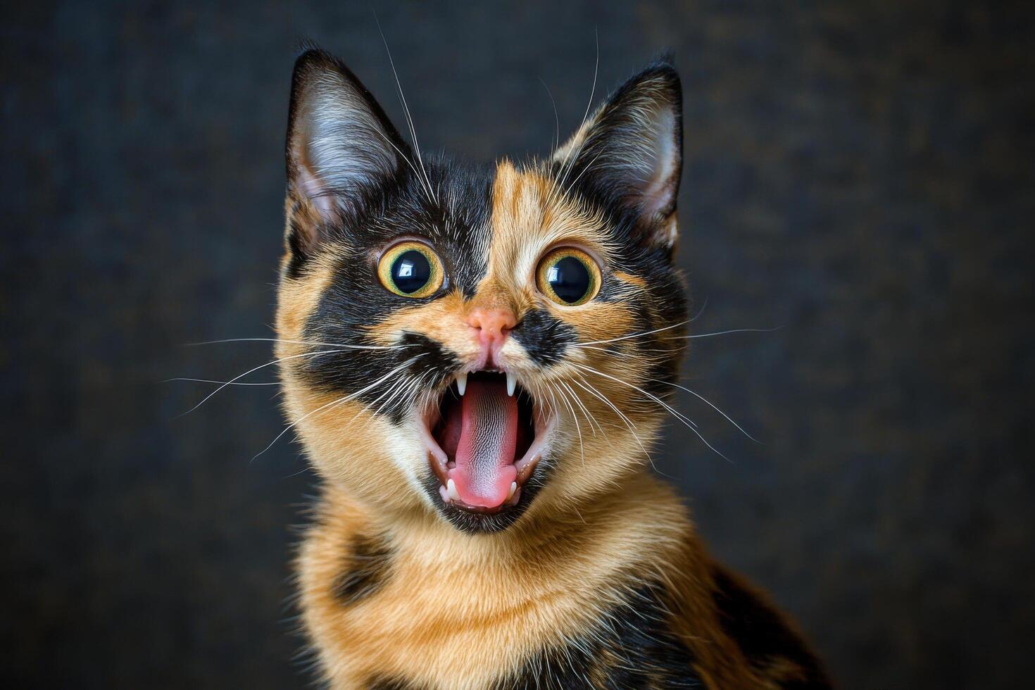 A calico cat with its mouth open photo