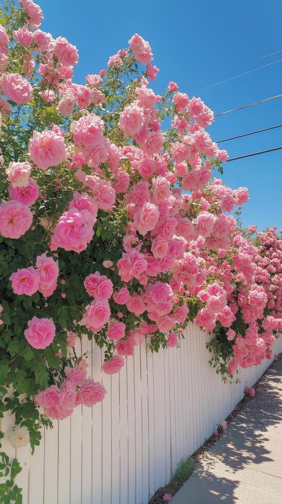 Pink roses on a white fence photo