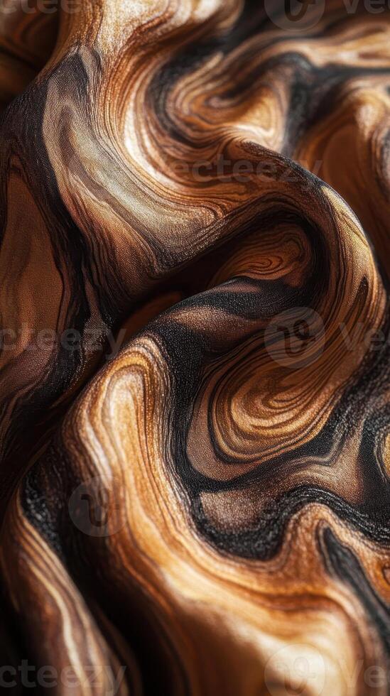Abstract patterned fabric exhibiting flowing curves of brown and black photo