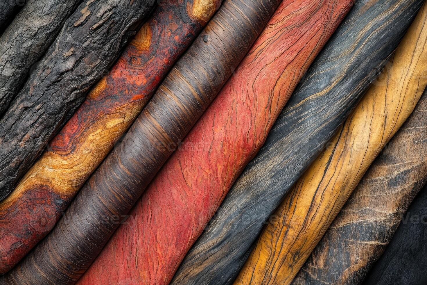 Assortment of various colorful natural wooden trunks stacked together photo
