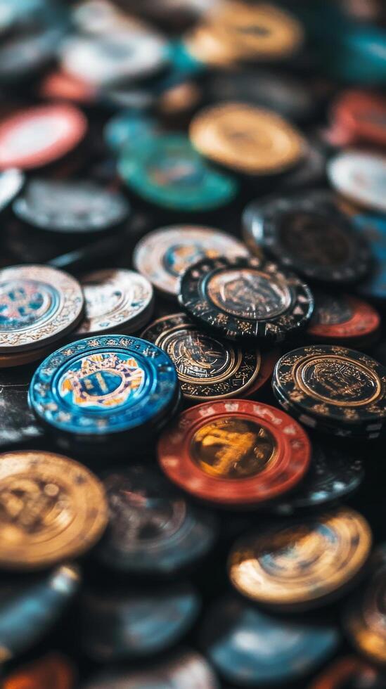 Many different colored chips are scattered on a table photo
