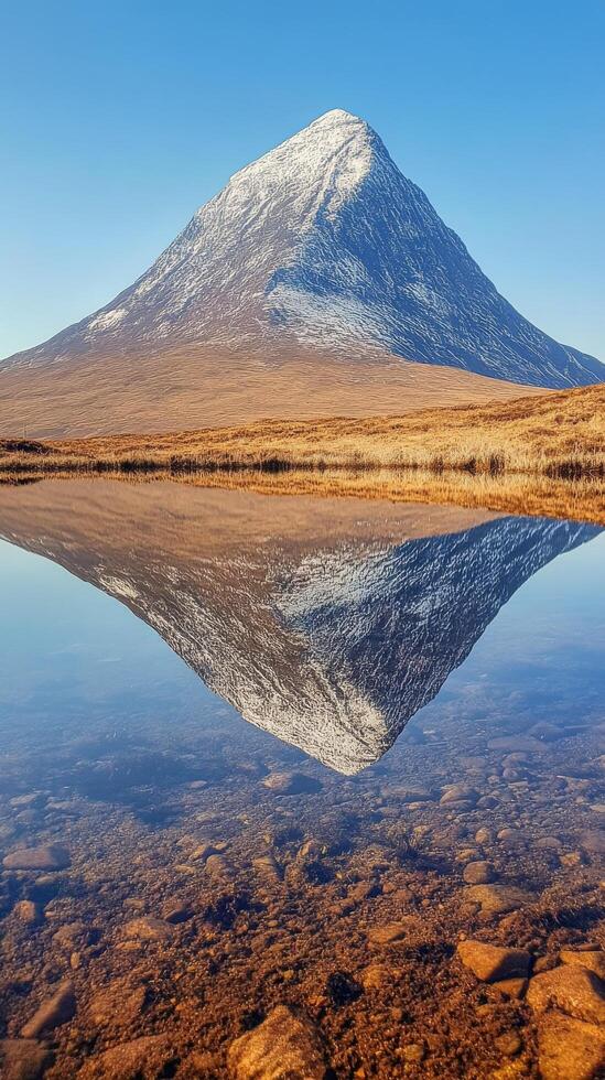 A mountain is reflected in the water photo