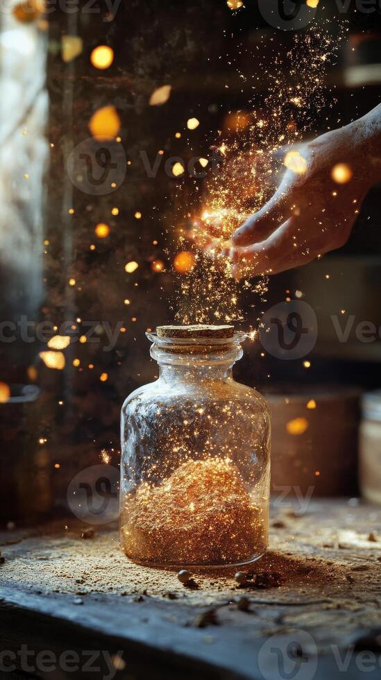 Hand sprinkles magic dust into a glass potion bottle photo
