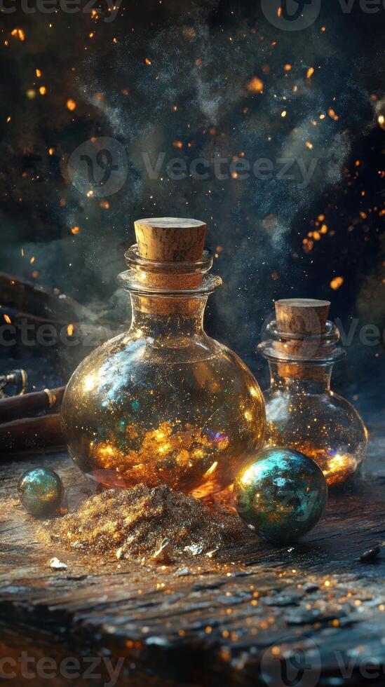 Two potion bottles and some magical orbs resting on wood photo