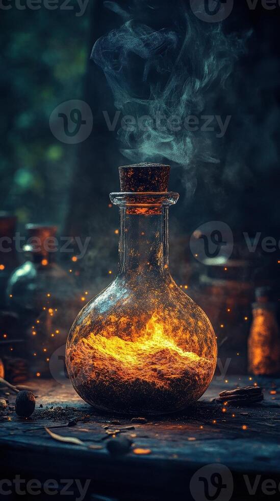 Glowing potion in glass bottle with cork atop table photo