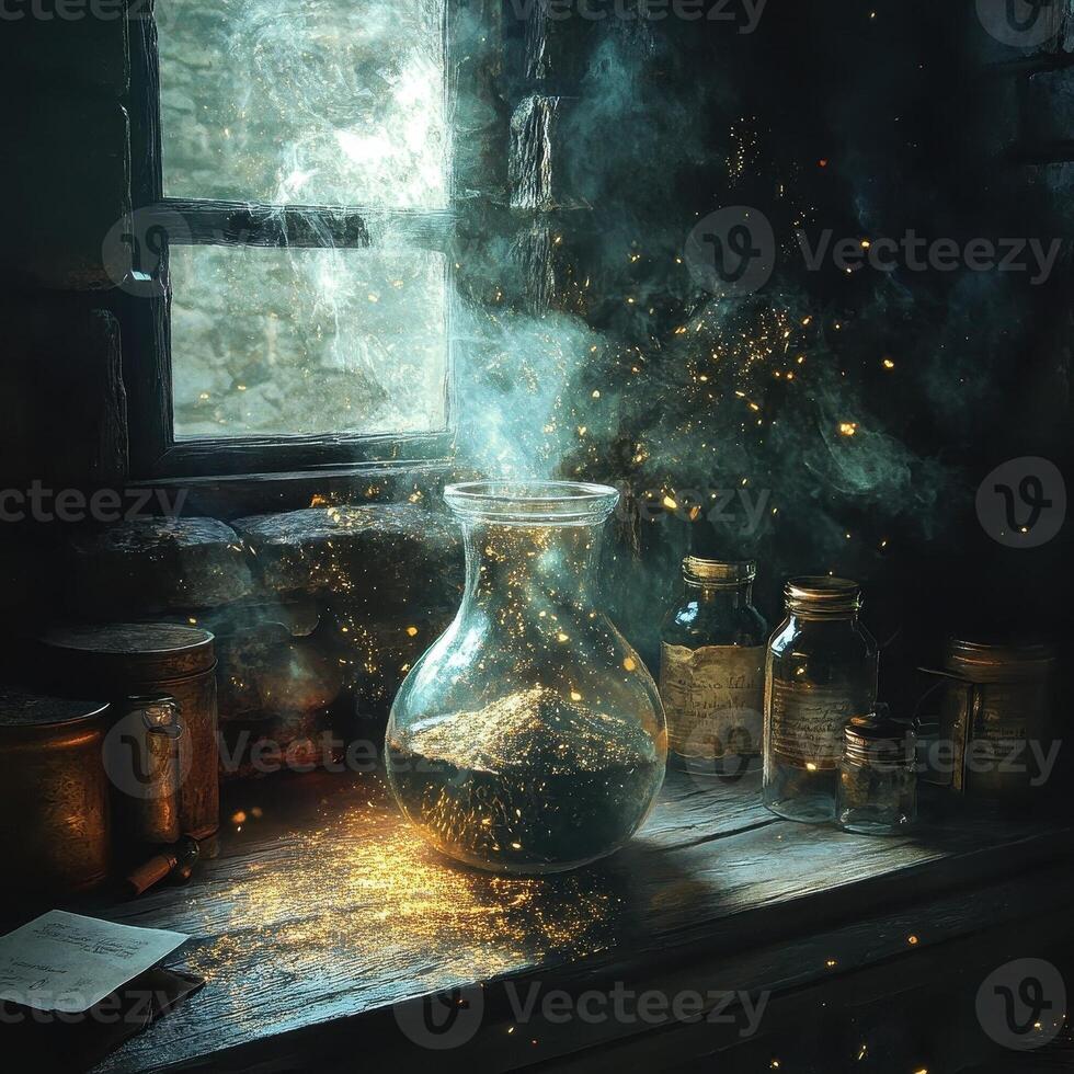 Alchemist workspace with glowing dust and potion jars near window photo