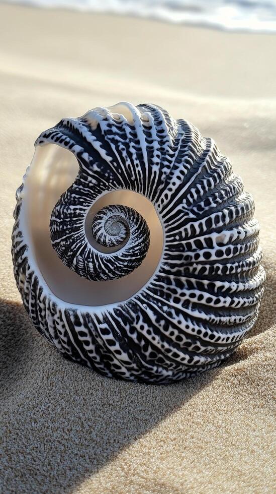 A black and white shell on the beach photo