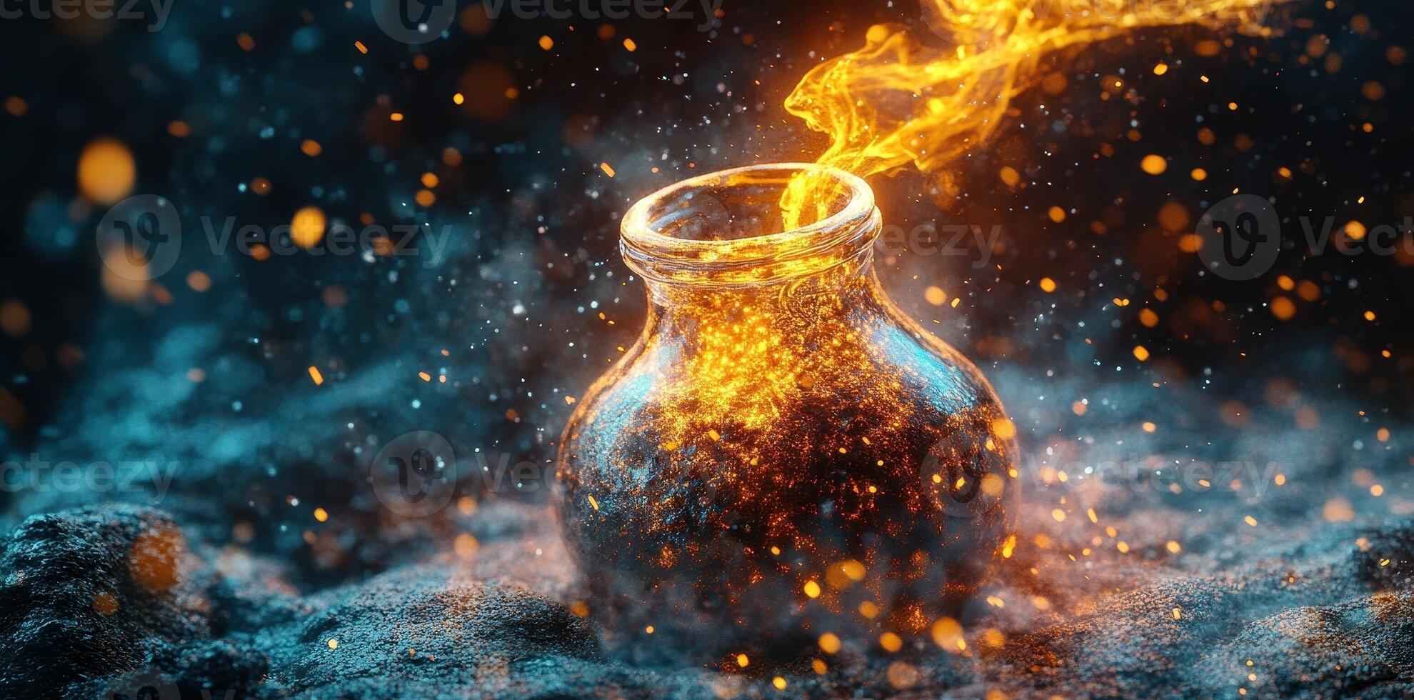 Magical potion flows out of a mysterious dark glass jar photo