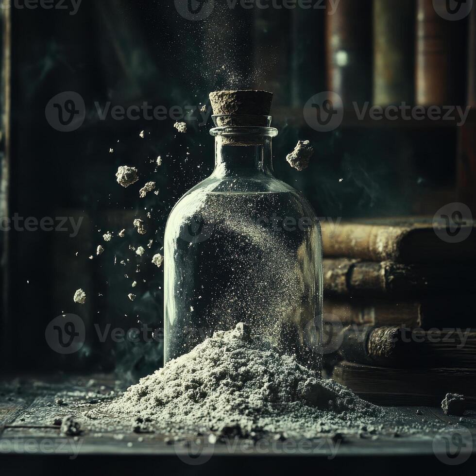 Alchemist bottle with dust and books in a dark setting photo
