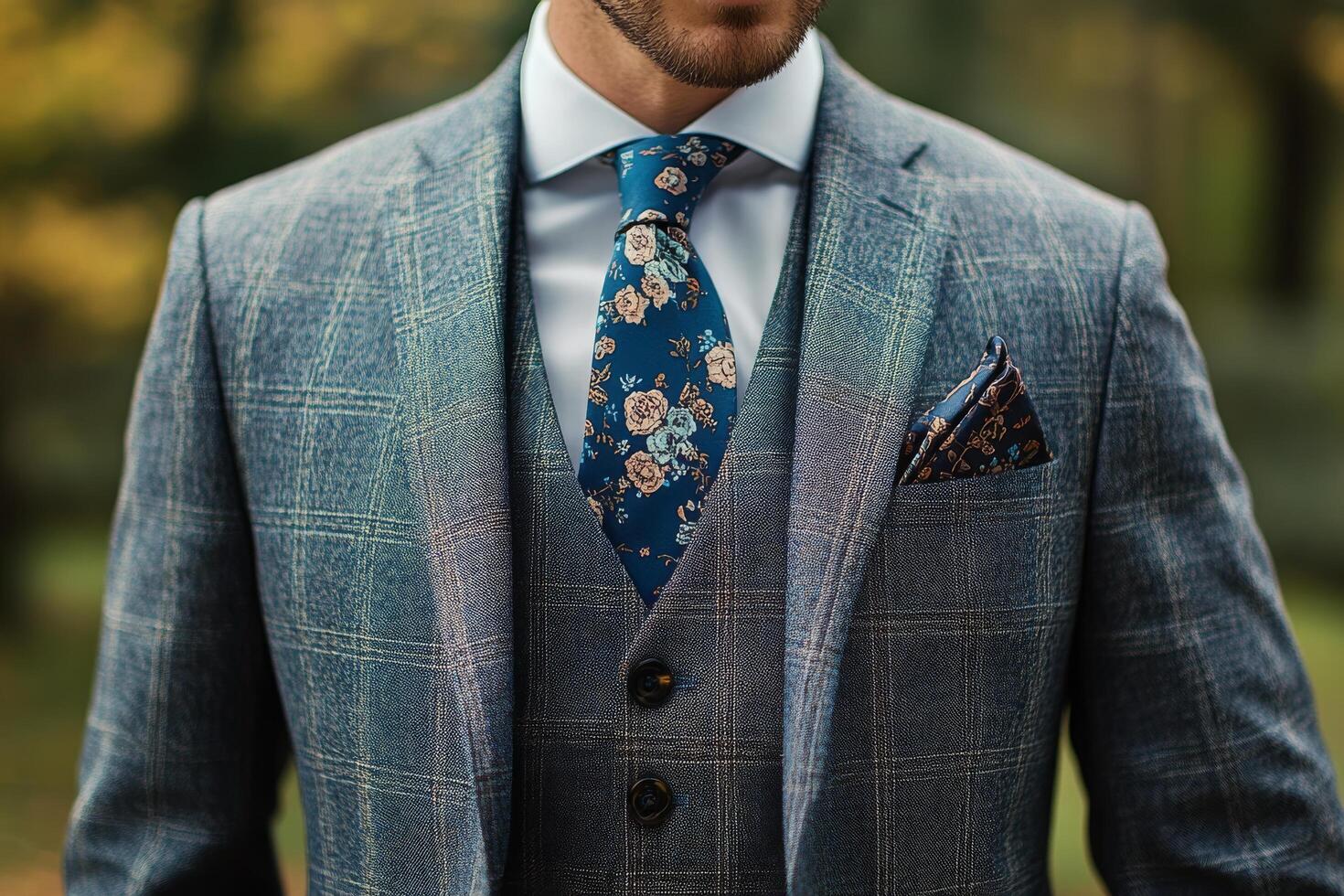 A man in a suit and tie with a blue floral tie photo