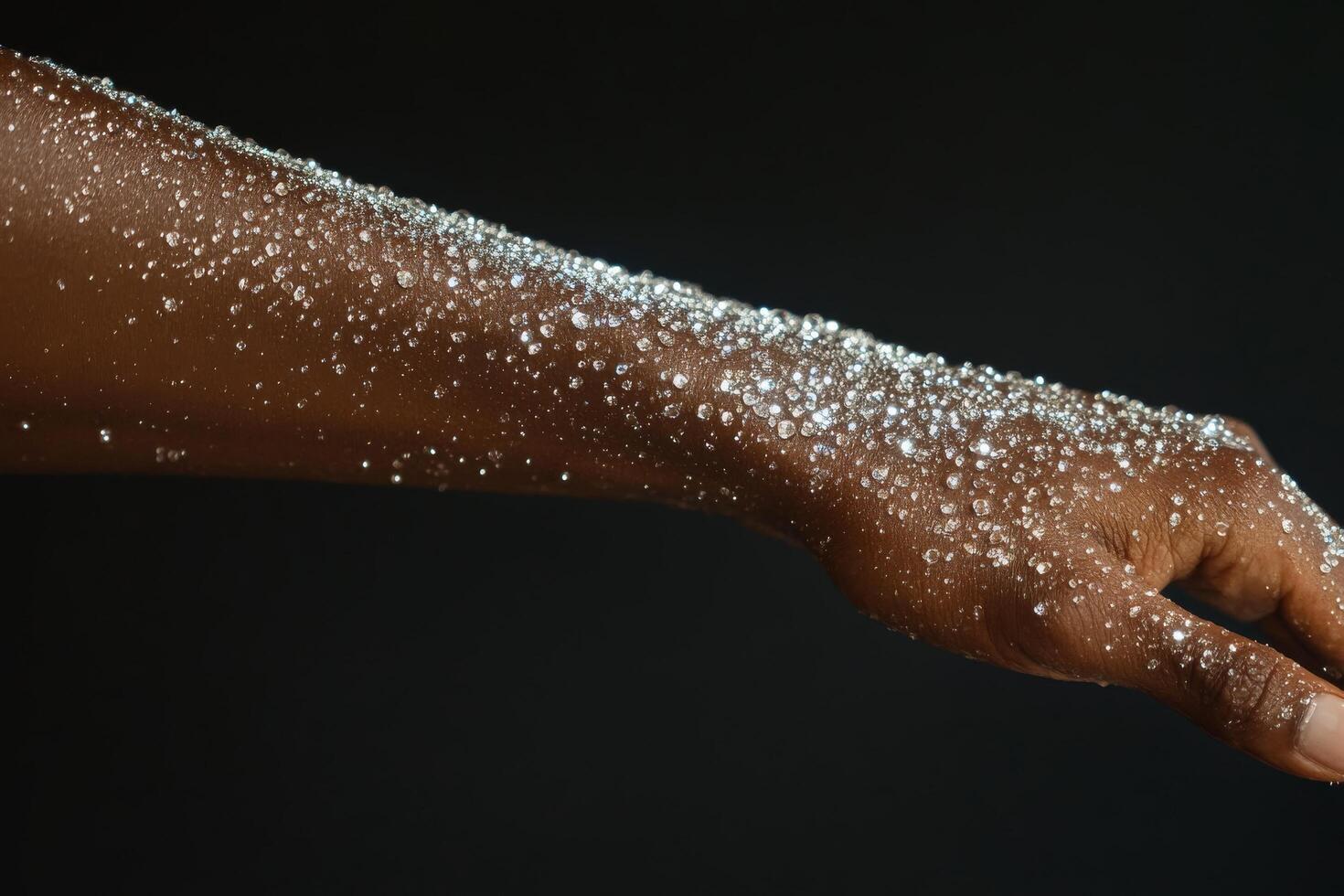 A hand with sugar on it, with a black background photo