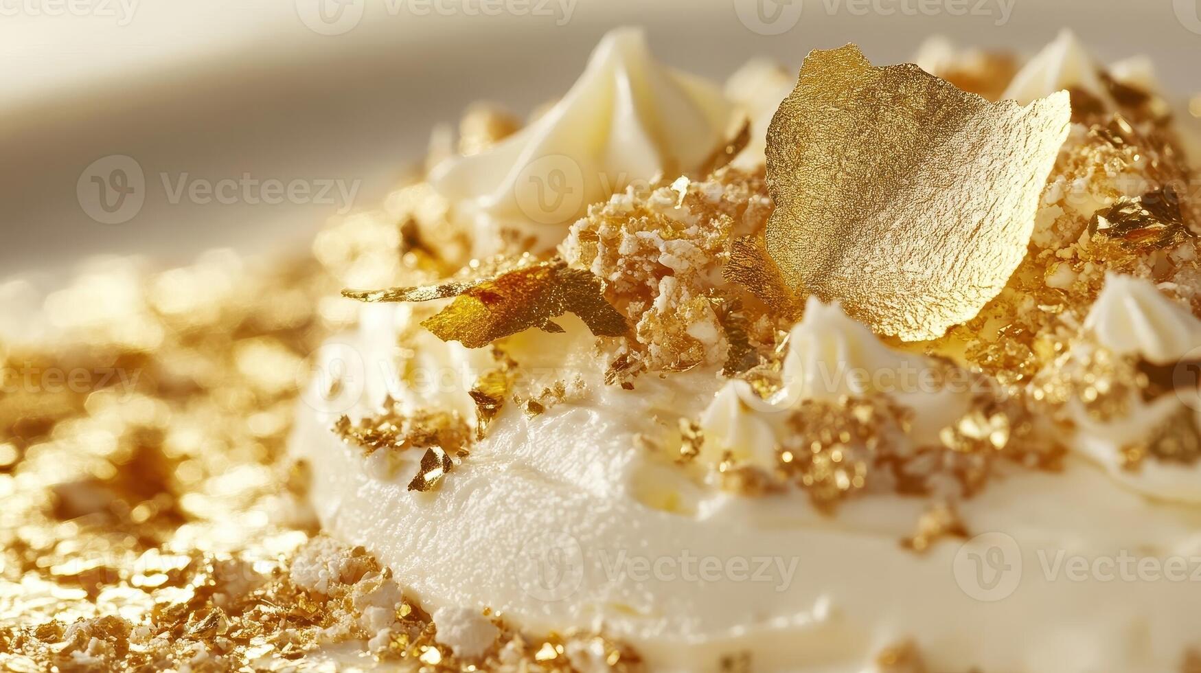 Elegant pavlova cake decorated with edible gold flakes and meringue photo