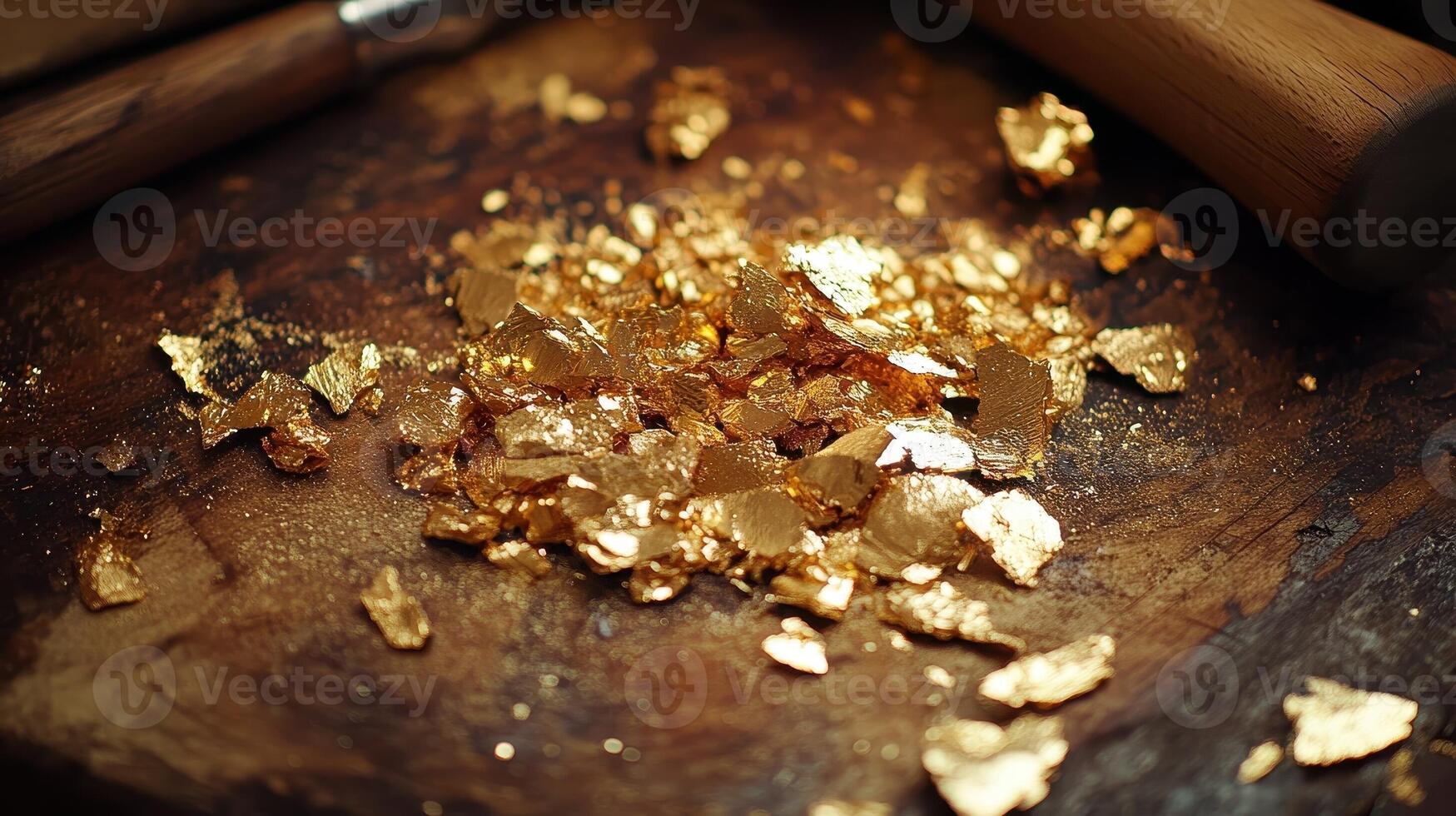 Gold flakes rest on a wooden surface with tools nearby photo
