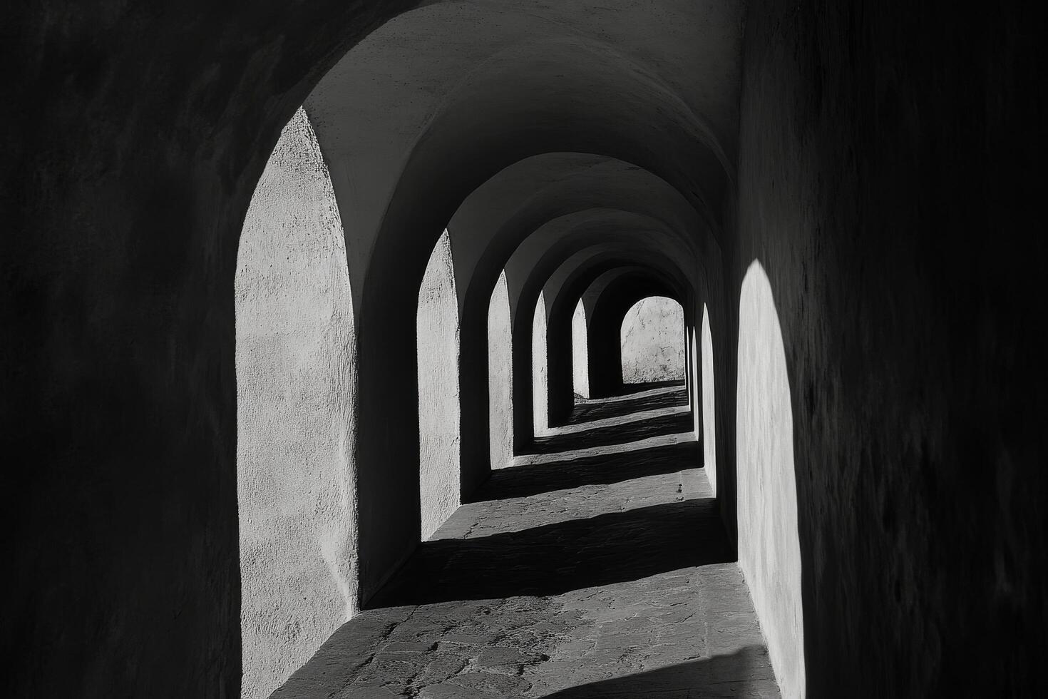 Shadows and arches create an atmospheric perspective in an ancient corridor photo