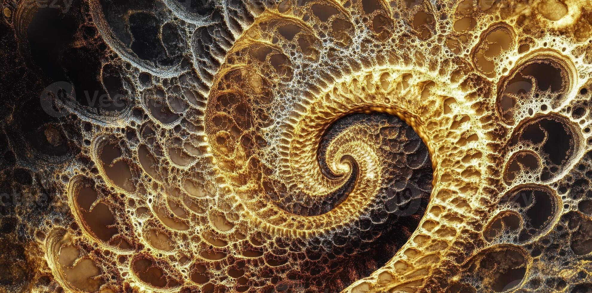 Golden fractal spiral with intricate cellular structure swirls inward photo
