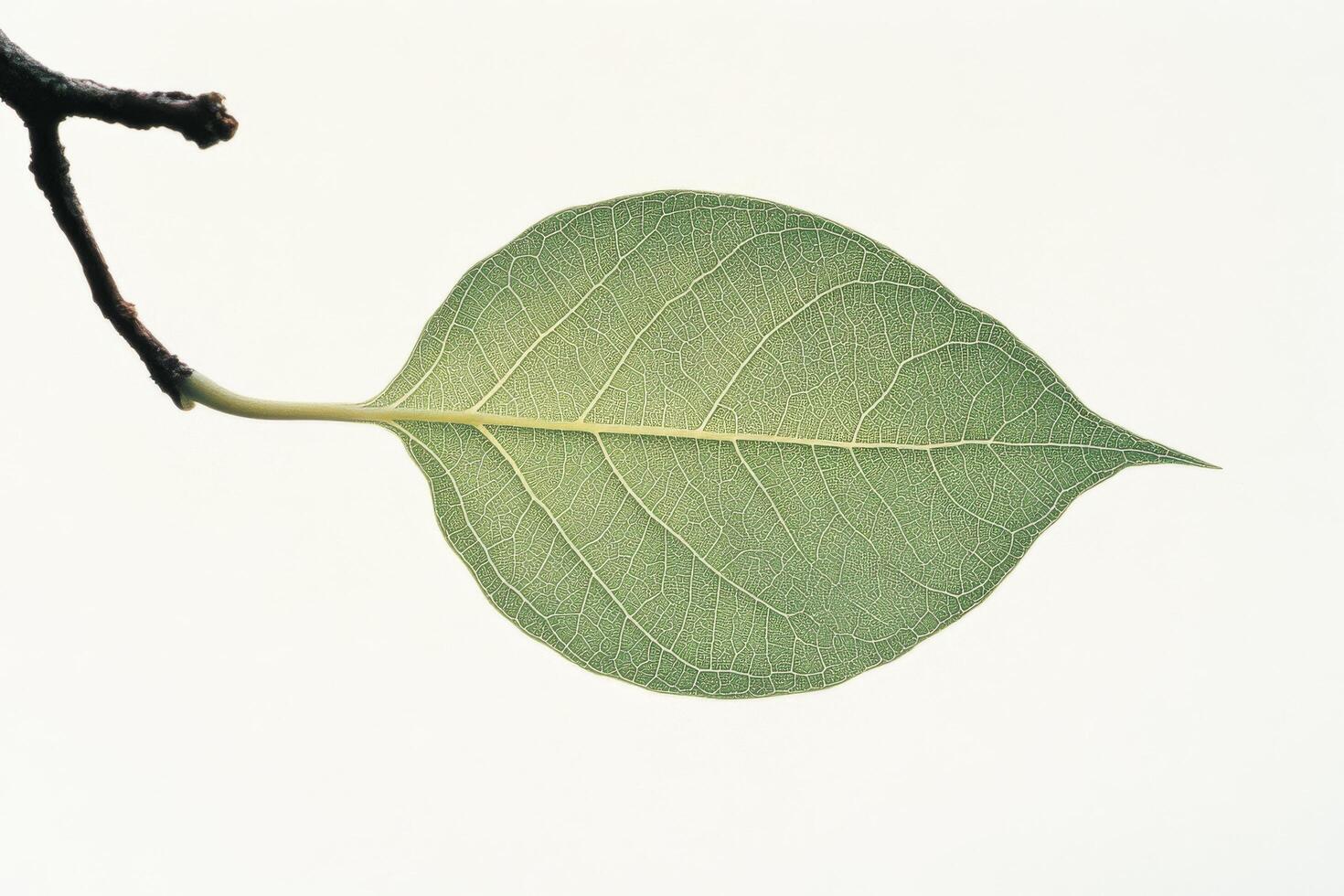 Detailed close-up of a green leaf showcasing its unique texture and structure on a branch photo