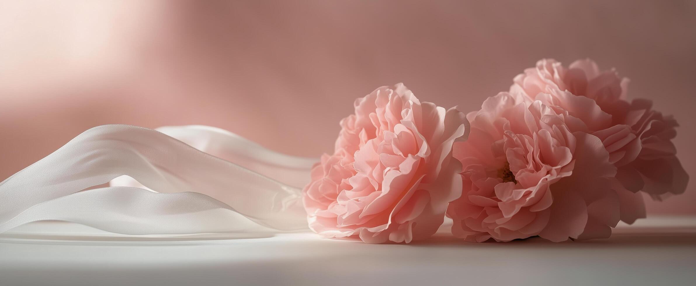 Soft pink flowers and delicate fabric drape create a serene still life arrangement photo