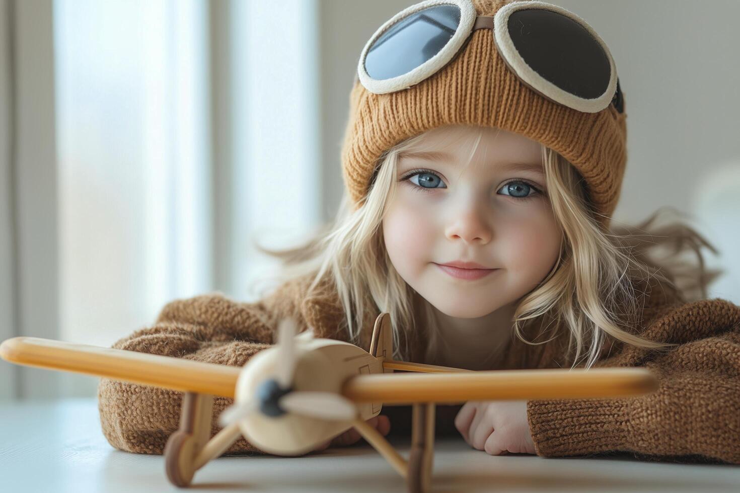 Young child wearing pilot hat and goggles plays with wooden airplane indoors during daylight photo
