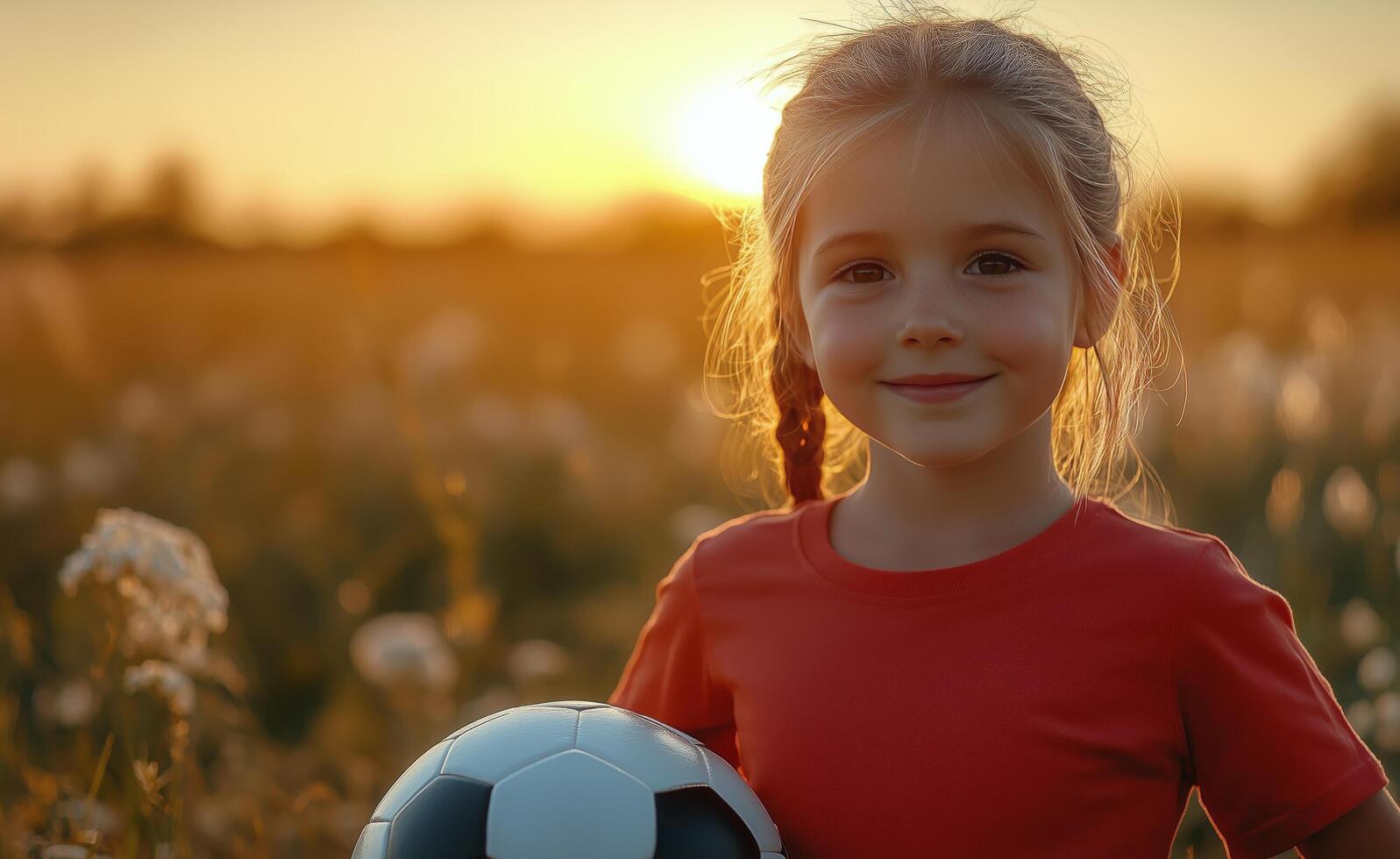 Young girl smiles with a soccer ball during sunset in a field photo