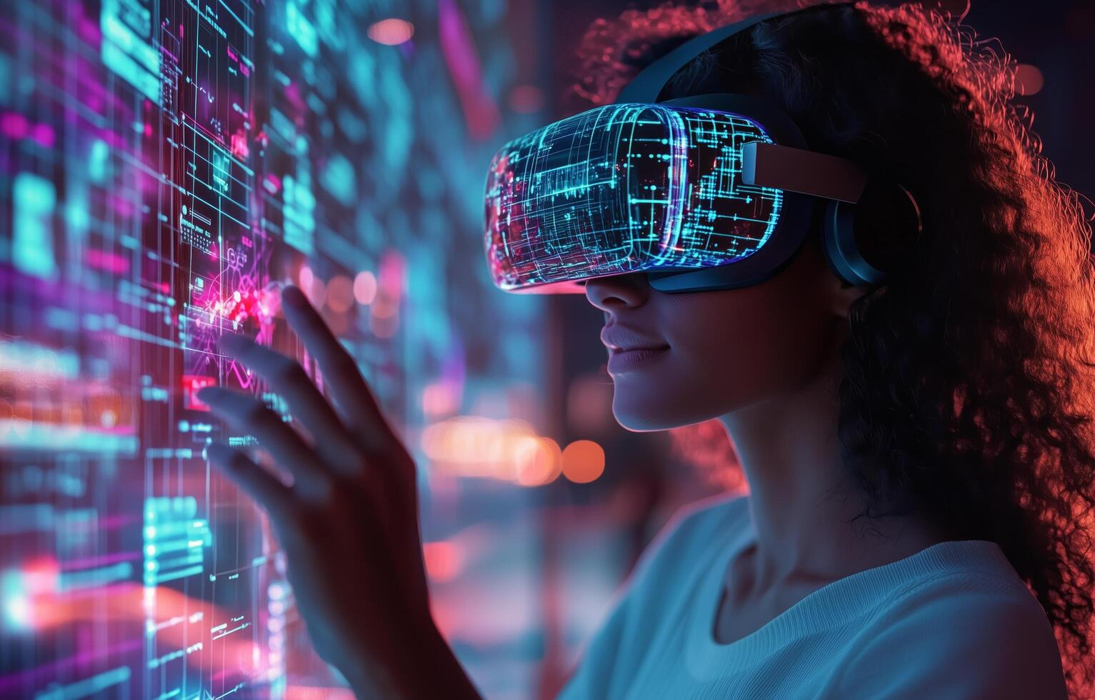 Engaging in virtual reality exploration at night with vibrant technology display photo