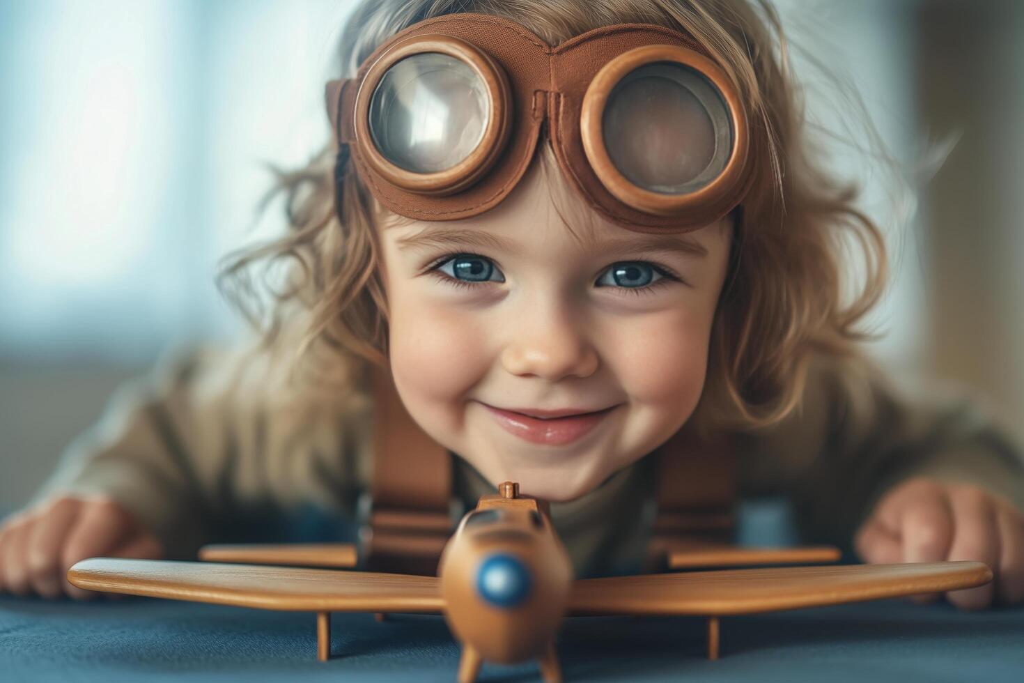 Child with brown goggles smiles while playing with a wooden airplane on a table indoors photo