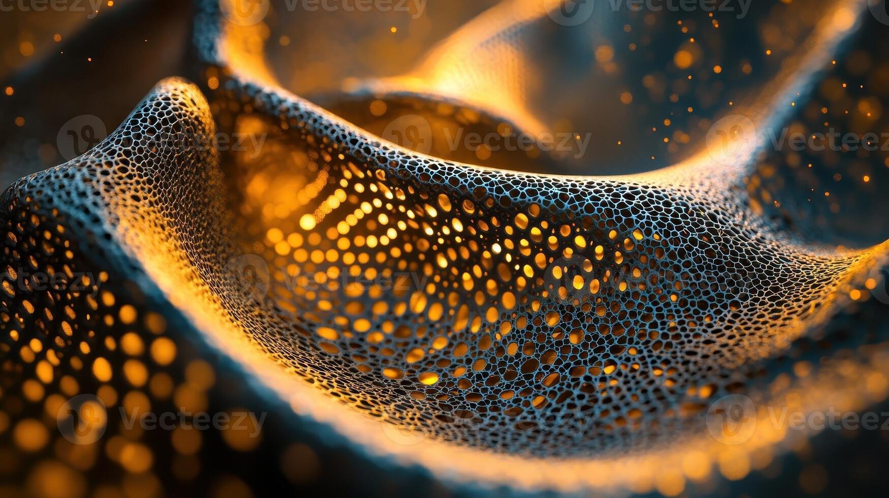 Wavy porous structure with glowing light shining through holes photo