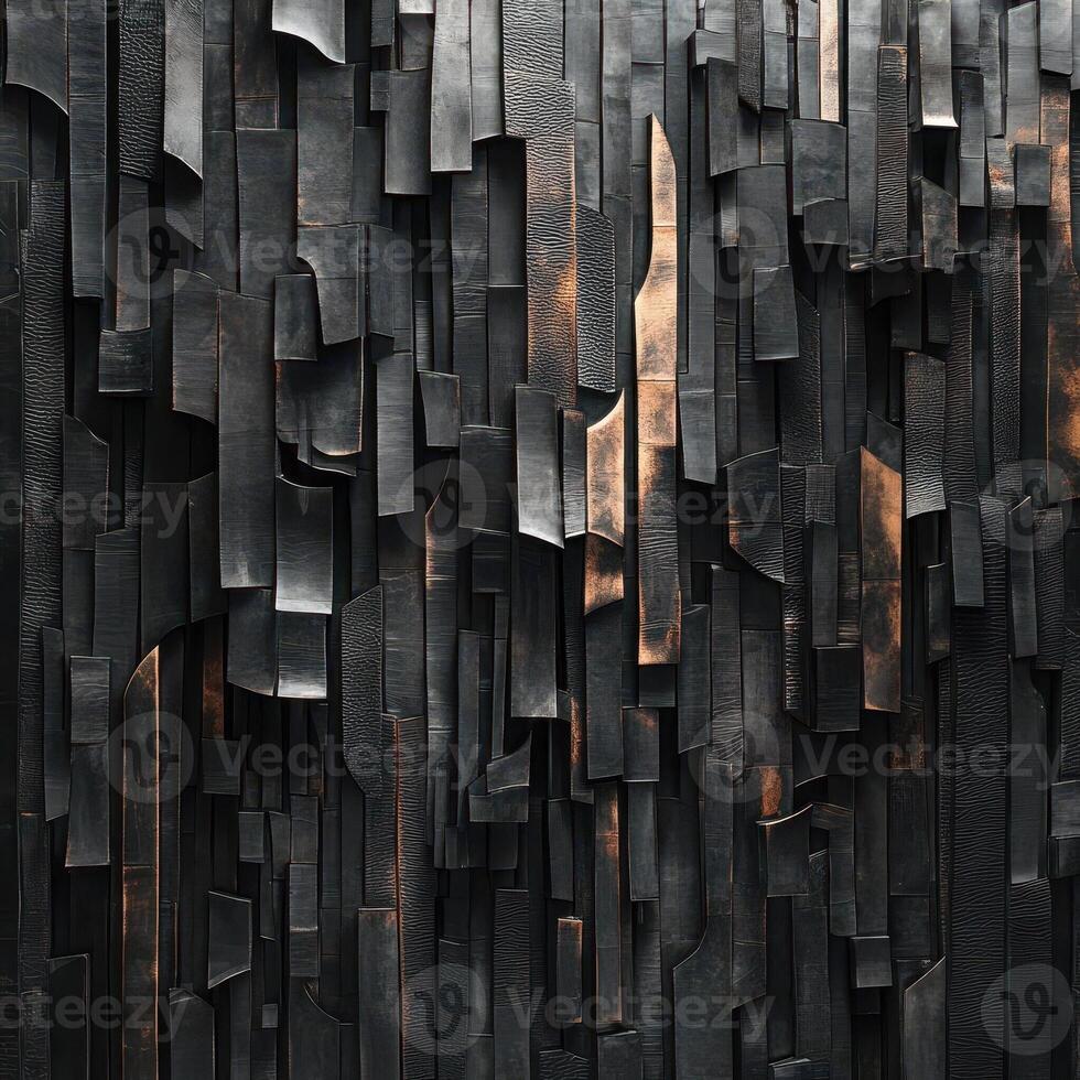 Dark vertical wooden planks arranged in an abstract wall pattern photo