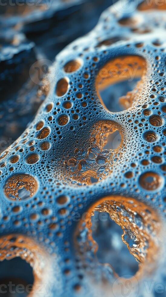 Close up of a network of bubbles in blue and orange photo
