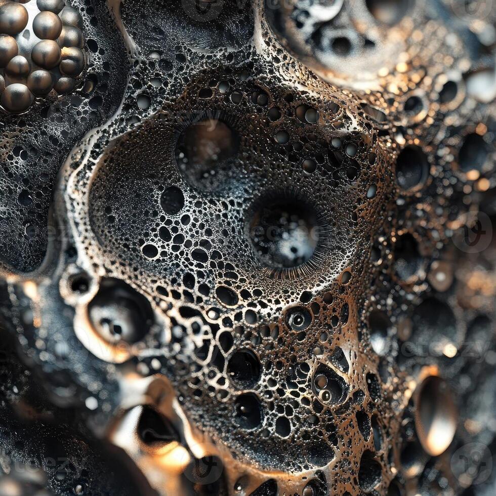 Dark metallic surface is covered in bubbly cratered texture photo