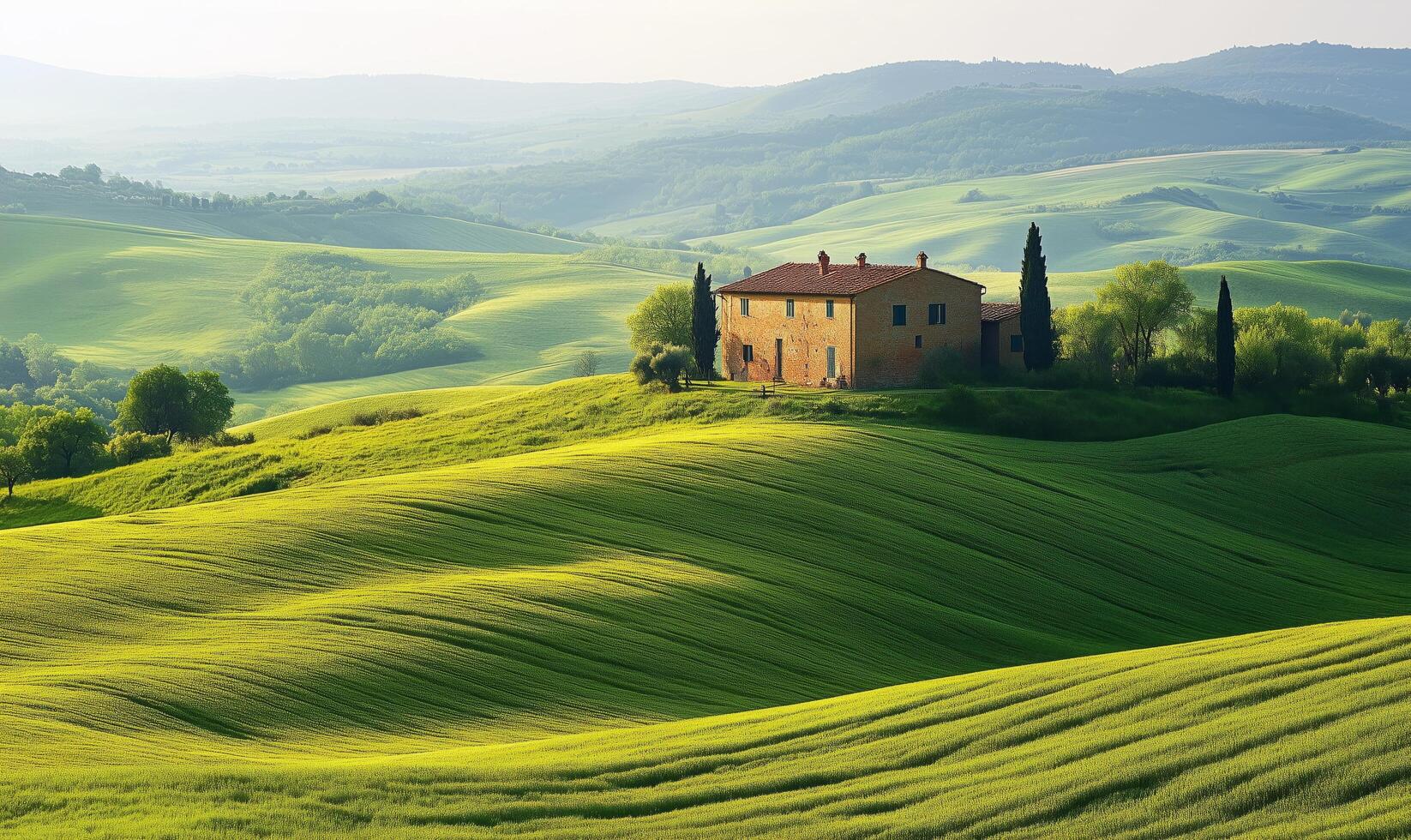 Rolling green hills with a rustic house under a clear sky in a tranquil countryside setting photo