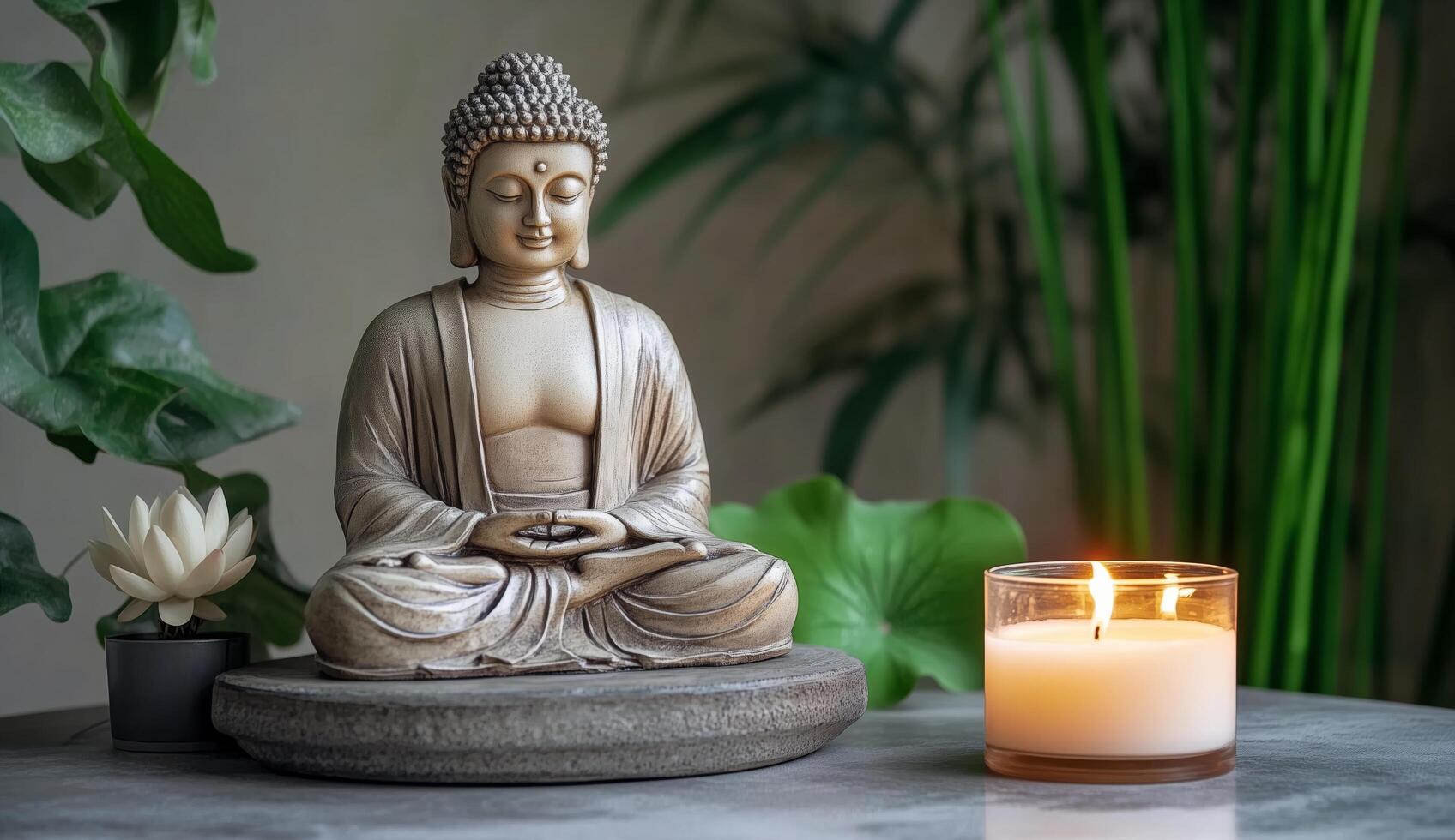 Buddha statue with candle and plant arrangement in tranquil setting photo