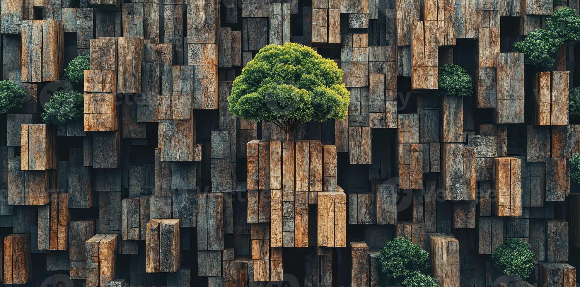 Tree sprouts from stacked weathered wooden blocks with surrounding shrubbery photo