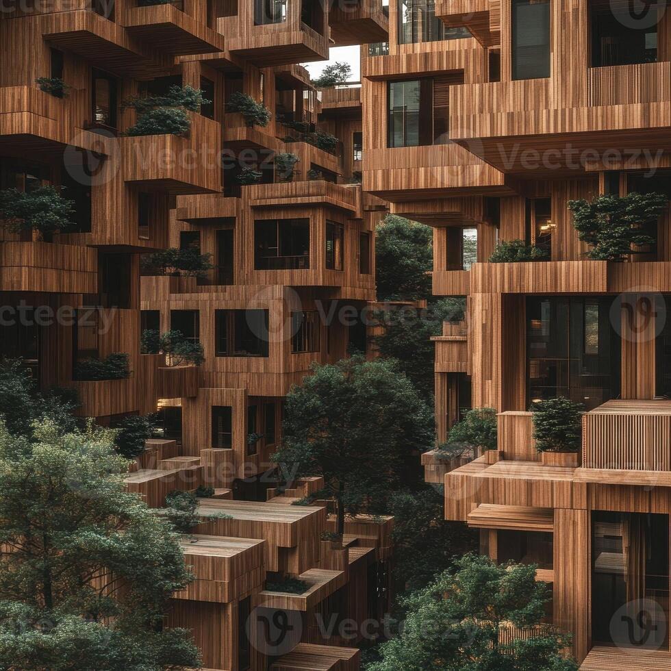 Complex wooden architecture interwoven with natural greenery and open spaces photo