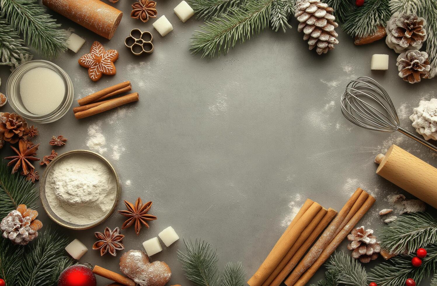 Baking preparation for festive treats surrounded by holiday decorations and natural elements photo