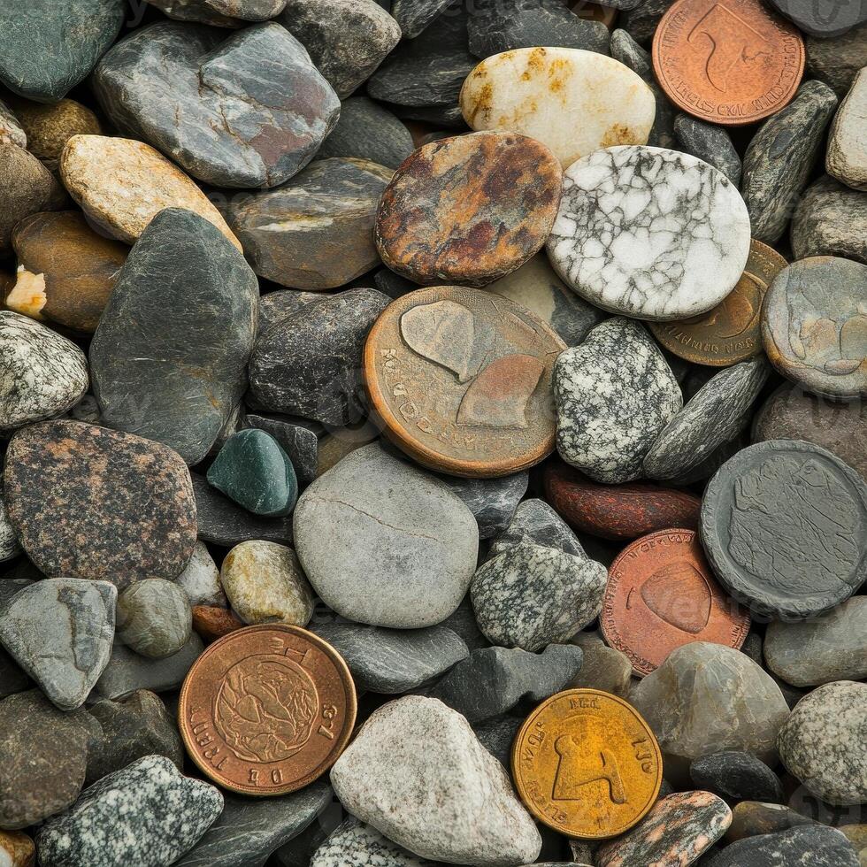 Assortment of pebbles and foreign currency tokens in close proximity photo