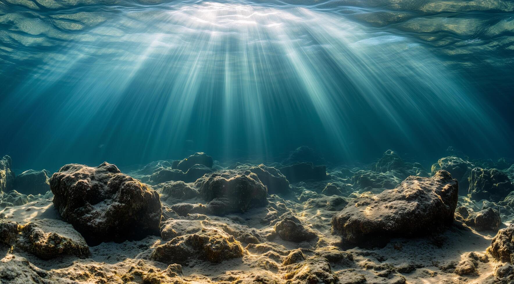 Underwater sunlight illuminates rocky seabed in a tranquil ocean setting photo