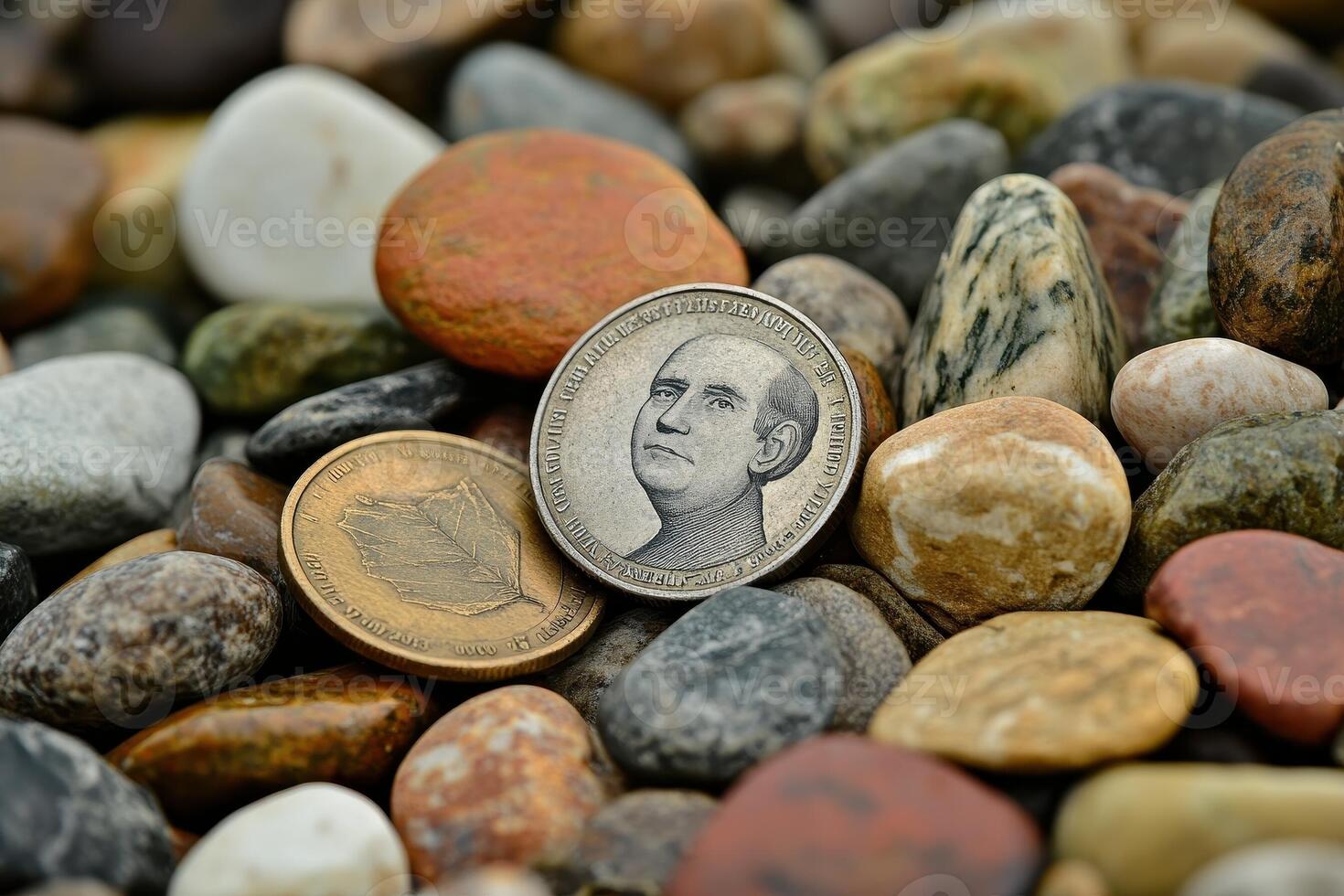 Two commemorative coins lie on a bed of smooth rocks photo