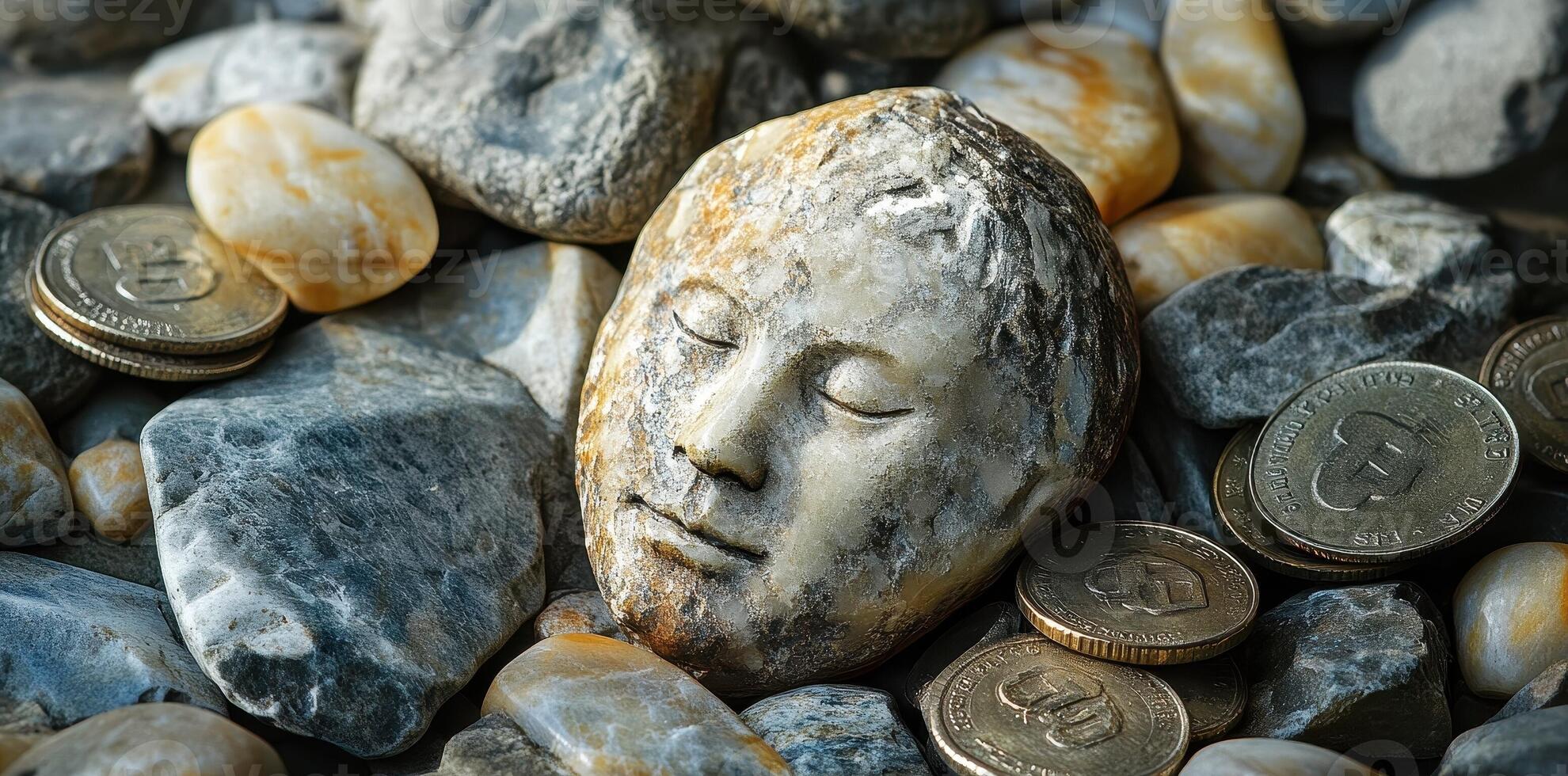 Stone face sculpture rests among pebbles and metal coins photo