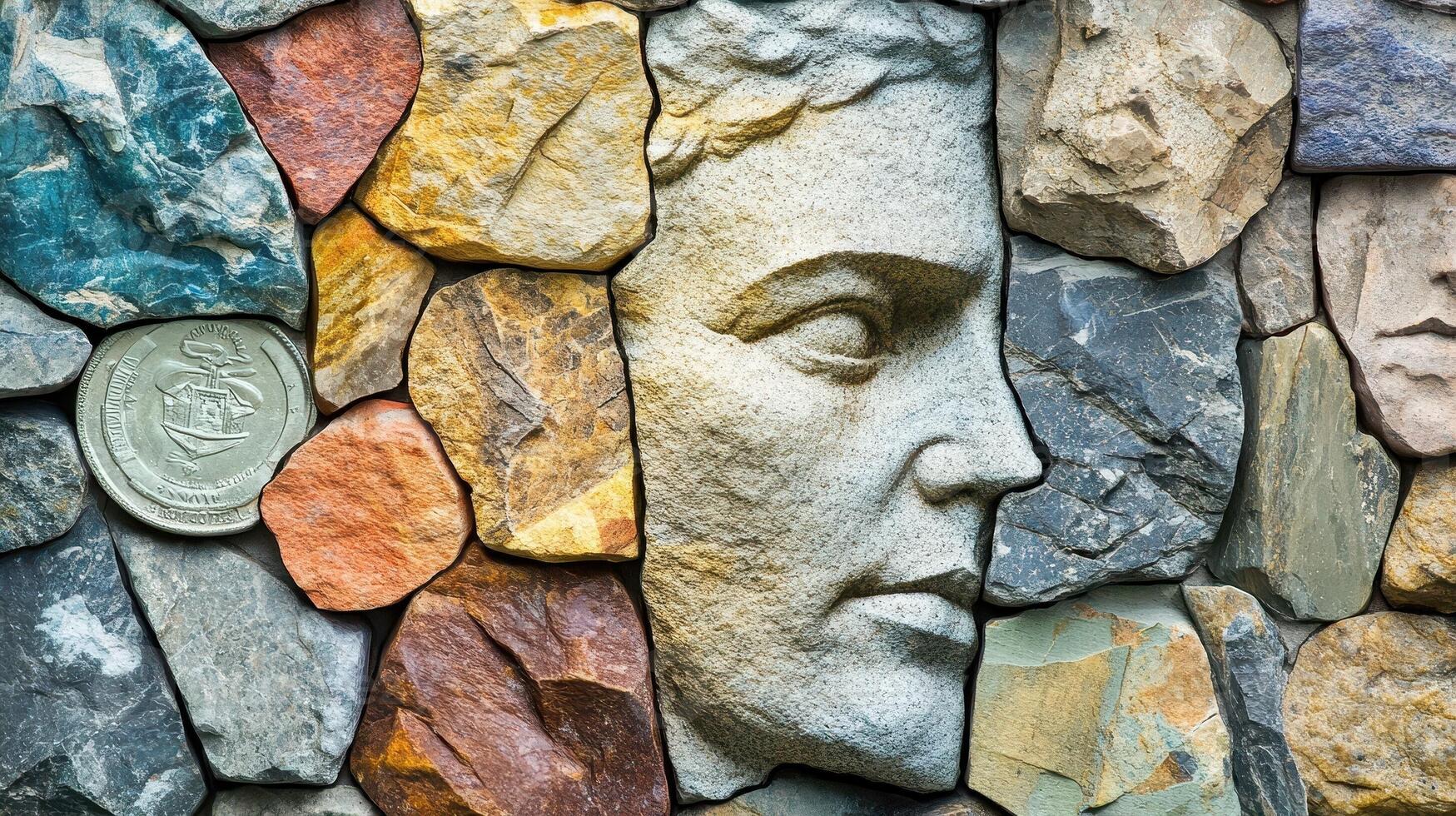 Stone face art with rock wall and coin details photo