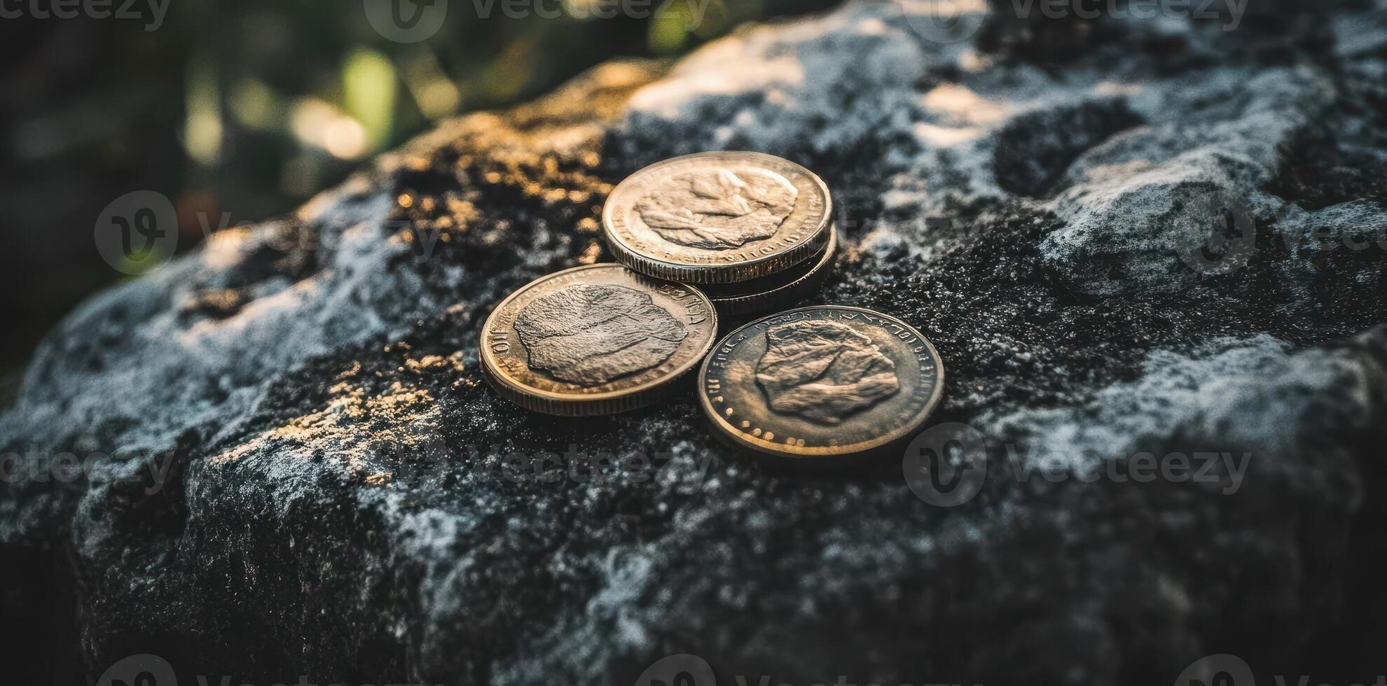 Coins with mountain profile on a textured rock surface photo