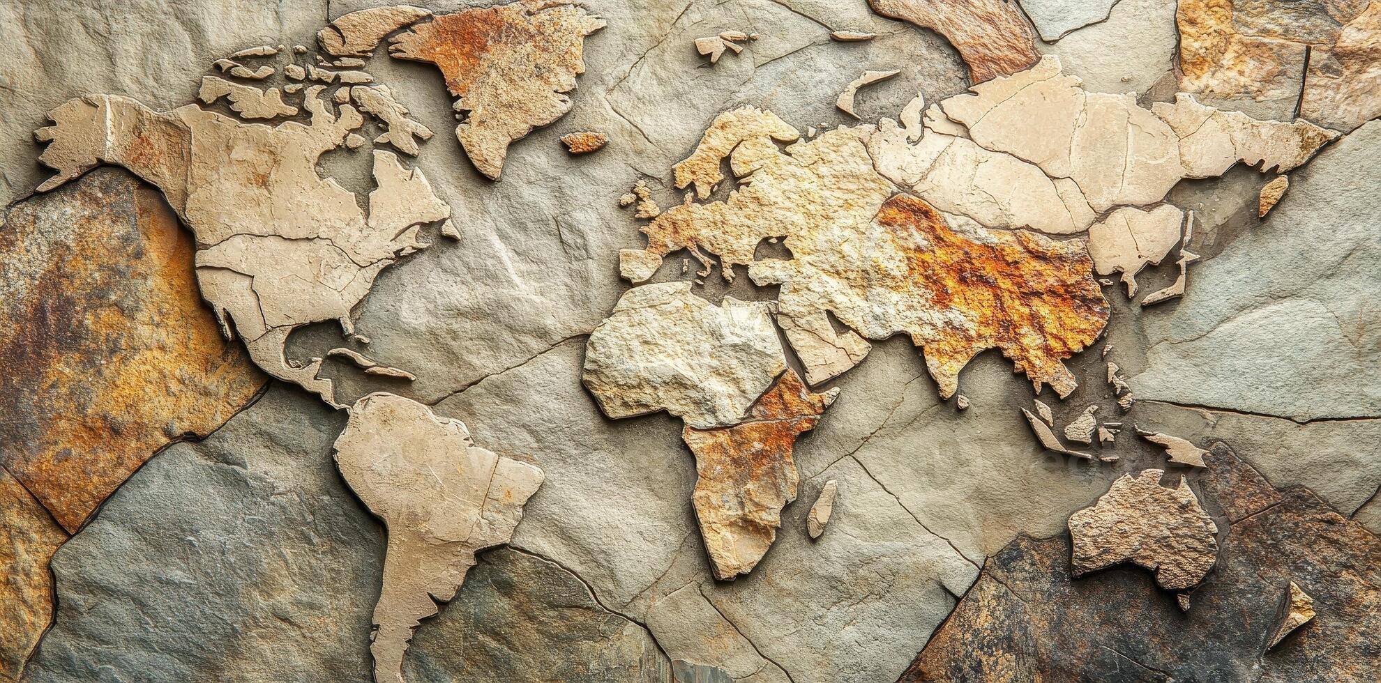World map depicted with stone and geological textures photo