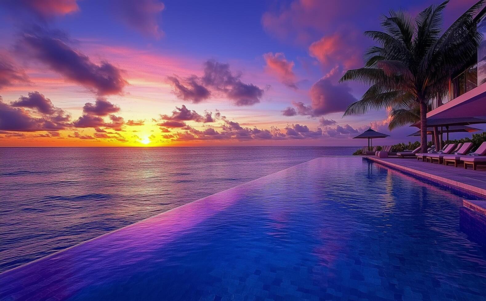 Sunset over tranquil ocean viewed from infinity pool at luxury resort photo