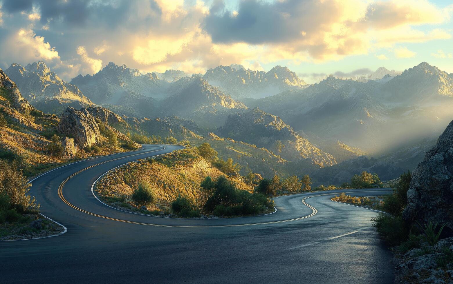 Winding road through majestic mountains at sunset with soft light illuminating the landscape photo