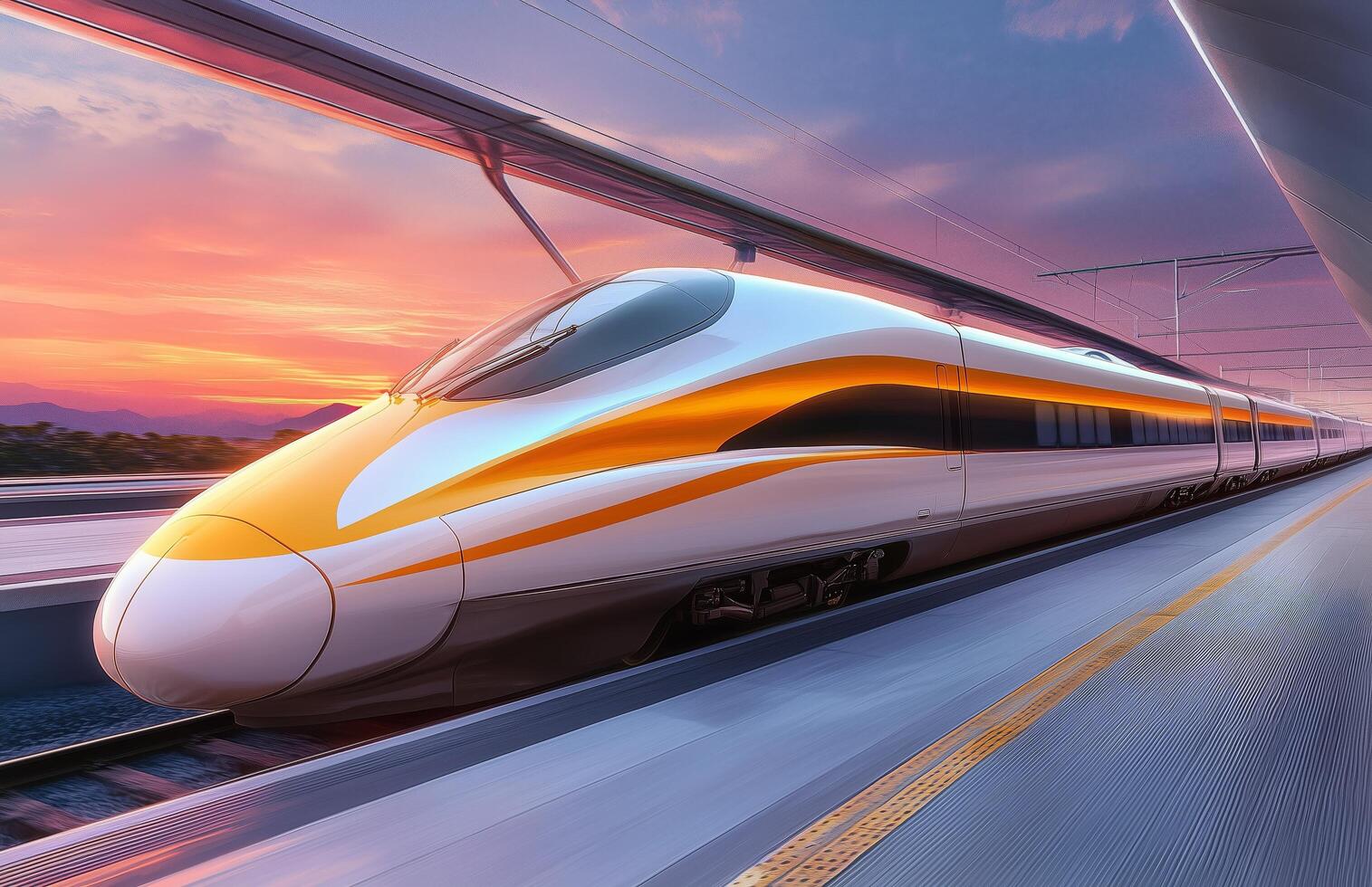 High-speed train at station during sunset with vibrant sky and sleek design showcasing modern transportation photo